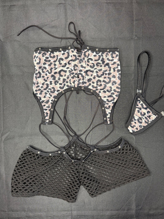 Animal Print/Black Spandex One-Piece Lingerie Outfit