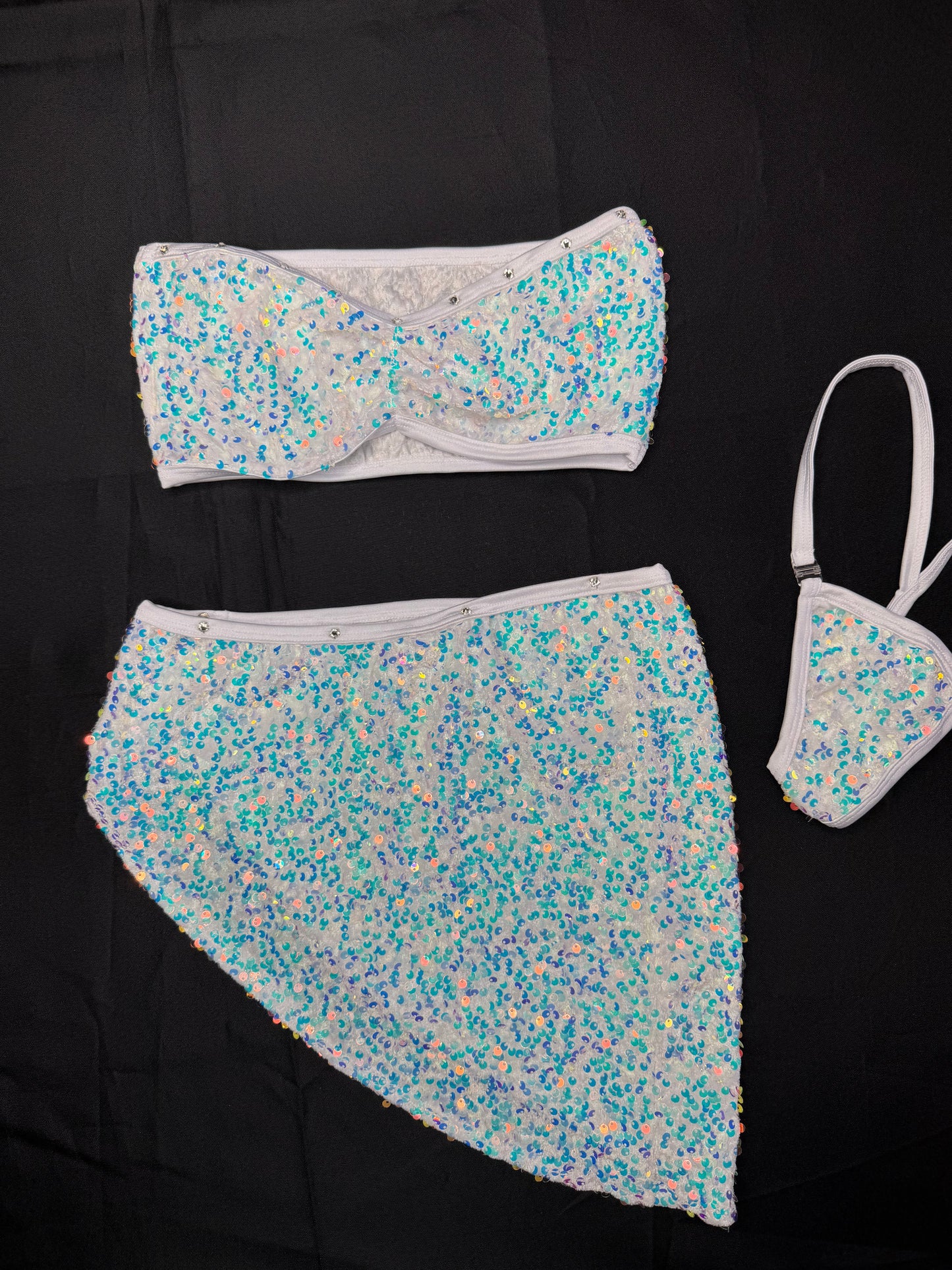 White/Silver/Aqua Blue Holographic Sequins Two-Piece Tube Top Skirt Lingerie Outfit