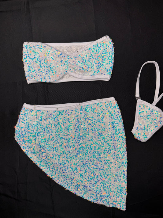 White/Silver/Aqua Blue Holographic Sequins Two-Piece Tube Top Skirt Lingerie Outfit