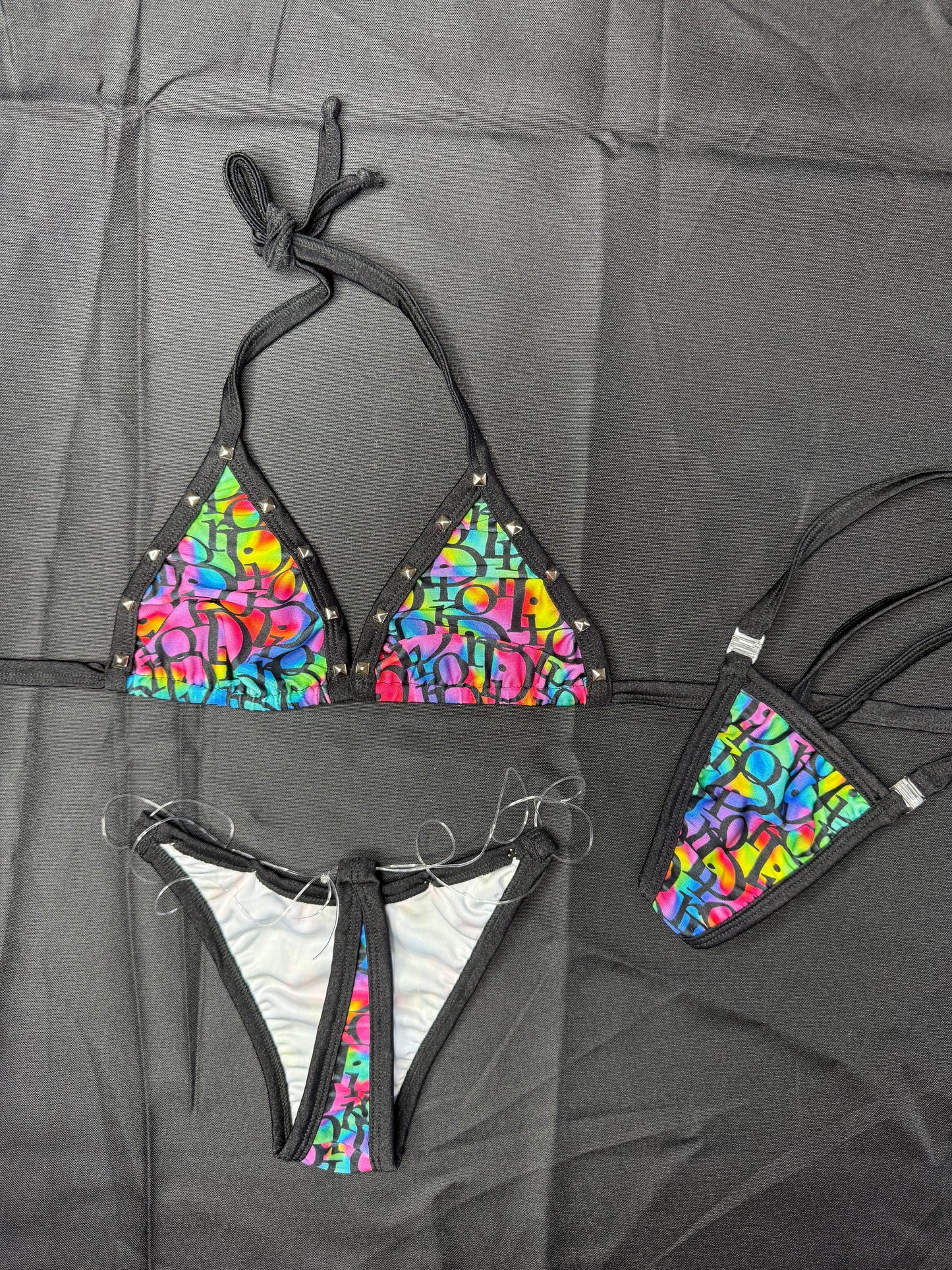 Rainbow Designer/Black Spandex Two-Piece Lingerie Outfit