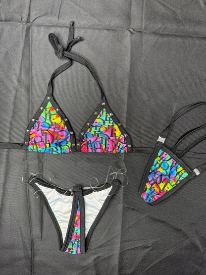 Rainbow Designer/Black Spandex Two-Piece Lingerie Outfit