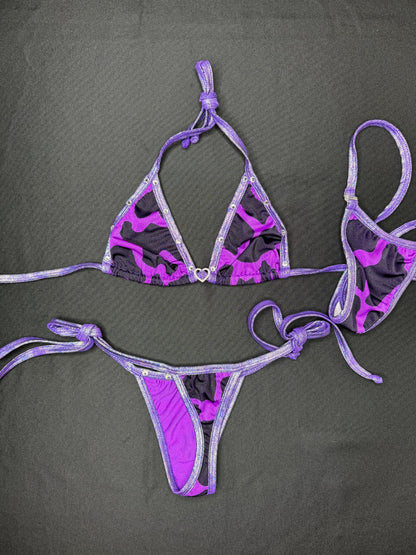 Metallic Purple/Purple Cow Print Two-Piece Side-Tie Bikini Lingerie Outfit