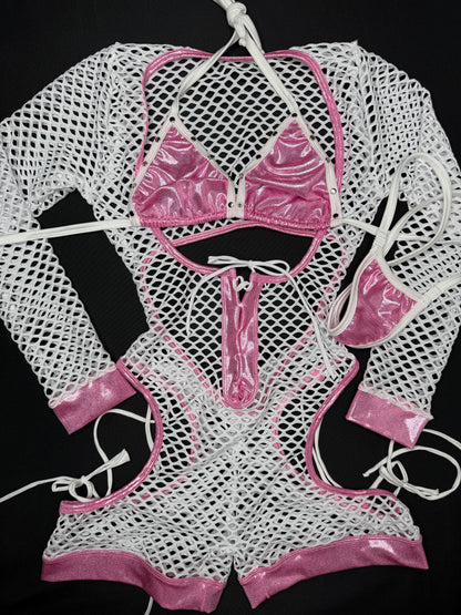 Pink Microdot Spandex/White Fishnet Romper/Bikini Top One-Piece Lingerie Outfit