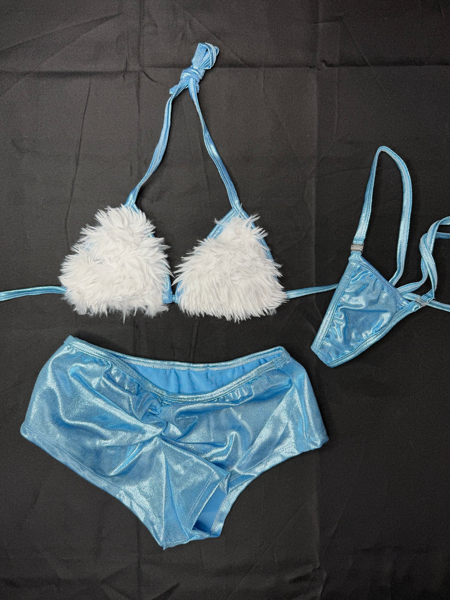 Metallic Blue/White Fur Three-Piece Shorts With Hat Lingerie Outfit