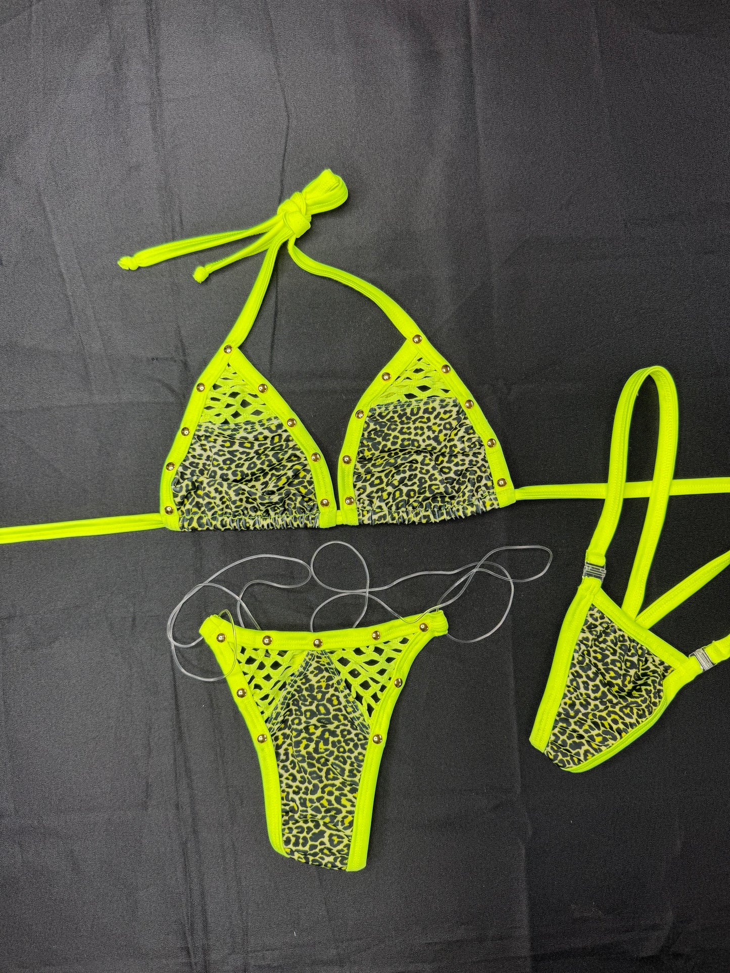 Neon Yellow/Animal Print Spandex Two-Piece Bikini Lingerie Outfit