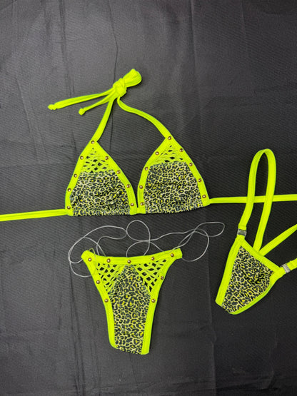Neon Yellow/Animal Print Spandex Two-Piece Bikini Lingerie Outfit