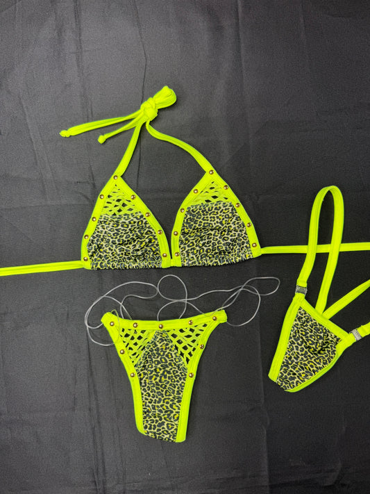 Neon Yellow/Animal Print Spandex Two-Piece Bikini Lingerie Outfit