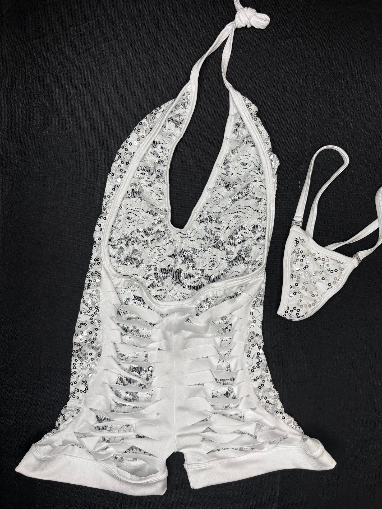 White Lace Sequins One-Piece Ripped Back Lingerie Outfit