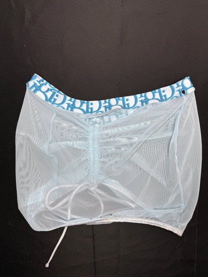 Baby Blue Designer Spandex/Mesh Three Piece Sling Shot/Skirt Lingerie Combo