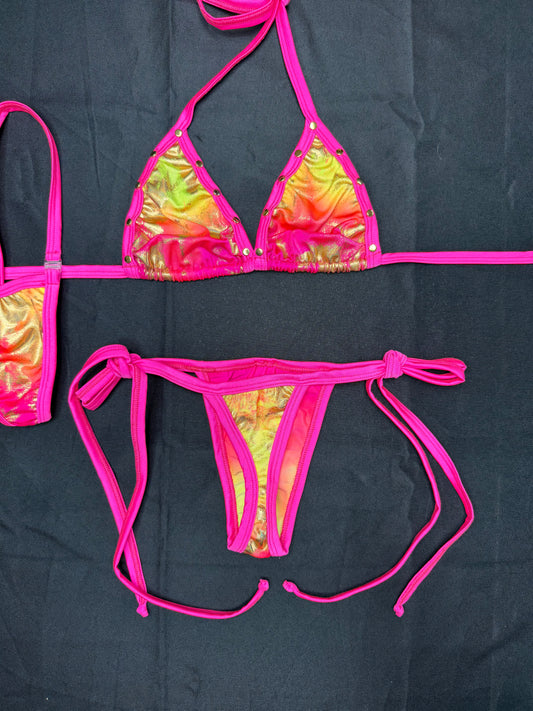 Hot Pink/Yellow Spandex Two-Piece Bikini Lingerie Outfit