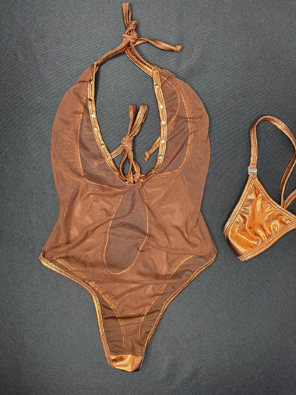 Metallic Chocolate Spandex/Mesh One-Piece Lingerie Outfit