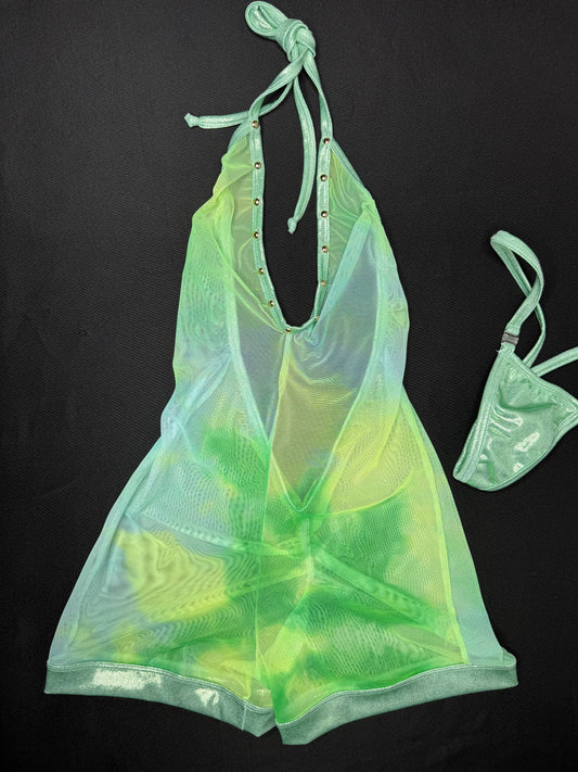 Ombré Green/Yellow Mesh/Mint Trim One-Piece Lingerie Outfit