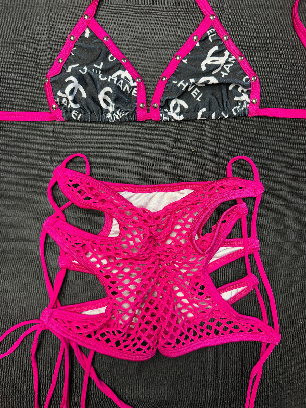 Black Designer/Fuchsia Spandex Two-Piece Shorts Lingerie Outfit