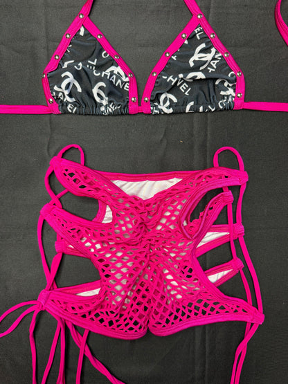 Black Designer/Fuchsia Spandex Two-Piece Shorts Lingerie Outfit