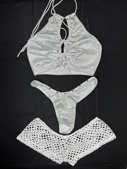 Metallic Silver Spandex Three Piece Lingerie Outfit