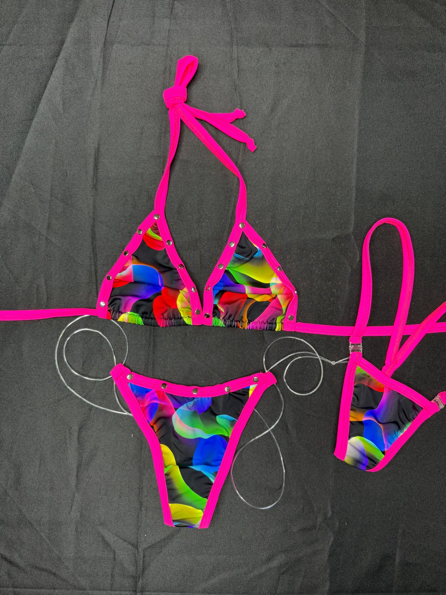 Multi Color/Hot Pink Spandex Two-Piece Bikini Lingerie Outfit