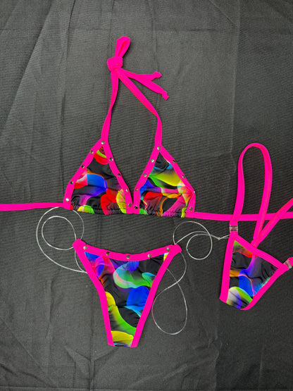 Multi Color/Hot Pink Spandex Two-Piece Bikini Lingerie Outfit