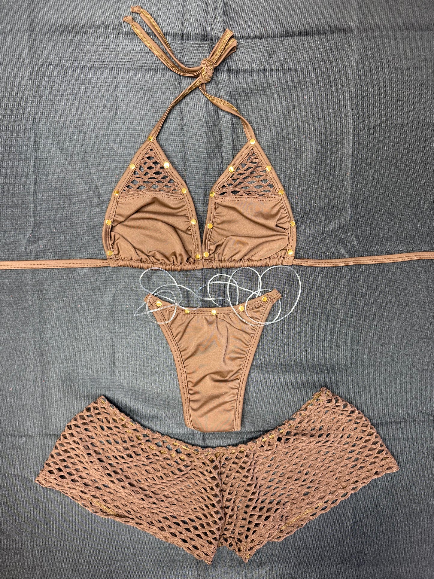 Mocha/Chocolate Spandex Three-Piece Lingerie Outfit