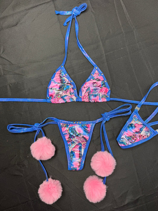 Butterfly Spandex Pom-Pom Side-Tie Bikini Lingerie Outfit