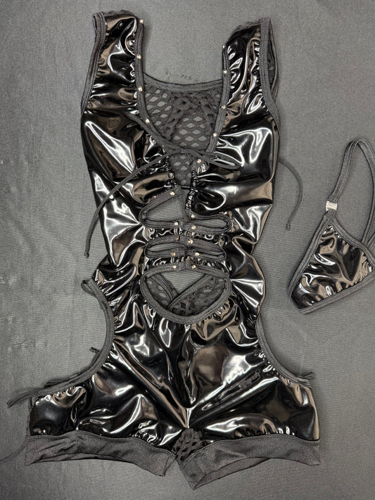 Black Latex One-Piece Sleeveless Romper Lingerie Outfit