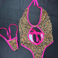 Cheetah Print/Hot Pink Fishnet Spandex One-Piece Hot Pink Fishnet Shorts Three-Piece Lingerie Outfit