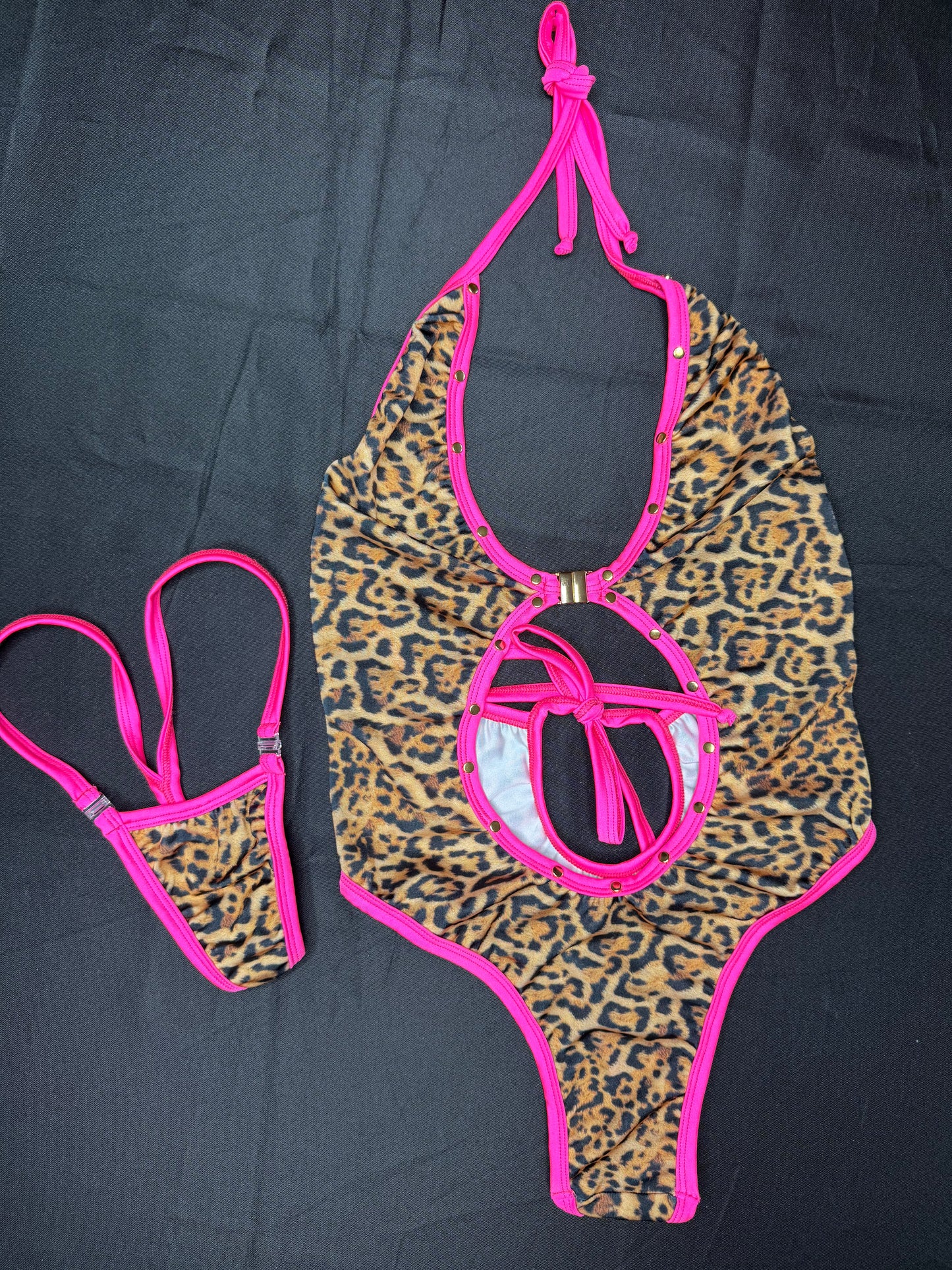Cheetah Print/Hot Pink Fishnet Spandex One-Piece Hot Pink Fishnet Shorts Three-Piece Lingerie Outfit