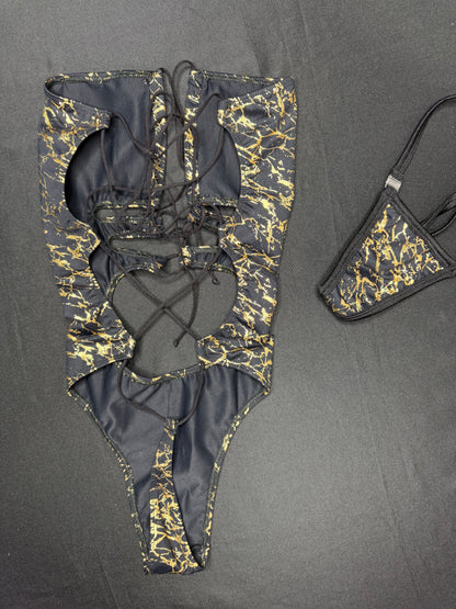 Black/Gold Spandex One-Piece Lingerie Outfit