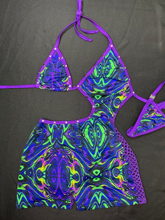 Trippy Blue/Green Spandex/Purple Fishnet One-Piece Lingerie Outfit