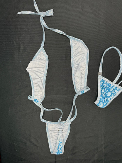 Baby Blue Designer Spandex/Mesh Three Piece Sling Shot/Skirt Lingerie Combo