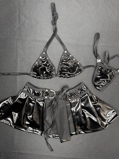 Black Latex Bikini Top/Skirt Two-Piece Lingerie Outfit