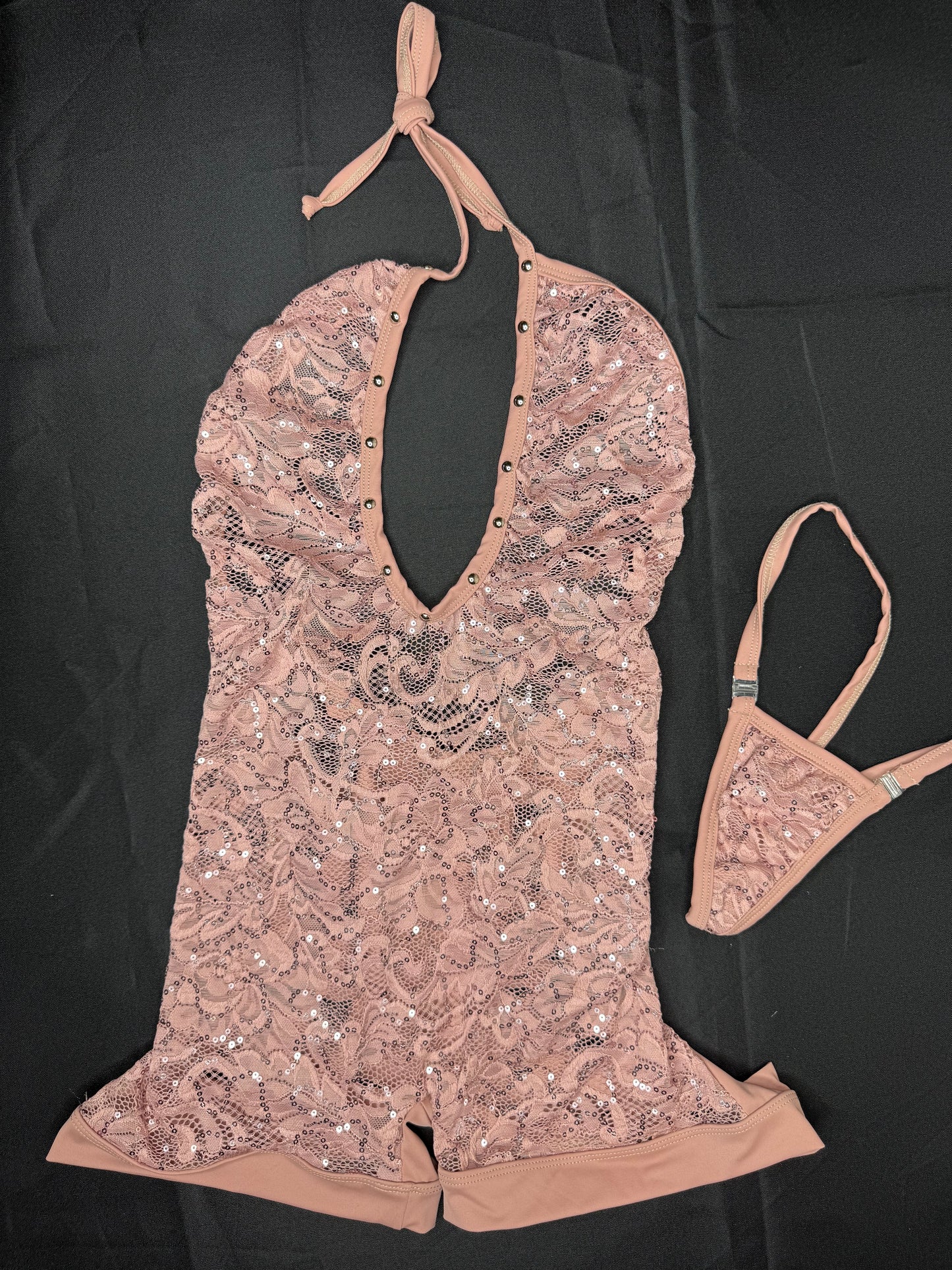 Nude Sequins Lace One-Piece Ripped Back One-Piece Lingerie Outfit