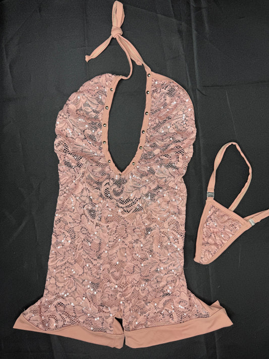 Nude Sequins Lace One-Piece Ripped Back One-Piece Lingerie Outfit