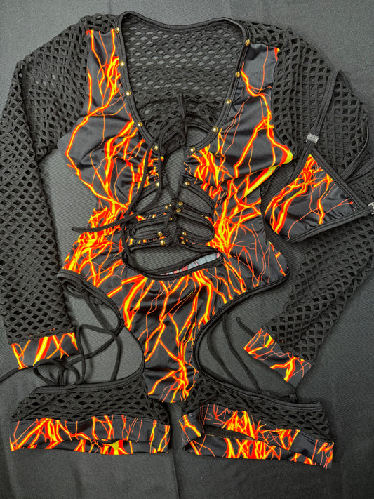 Orange Lightning/Black Fishnet Bartender Romper Outfit