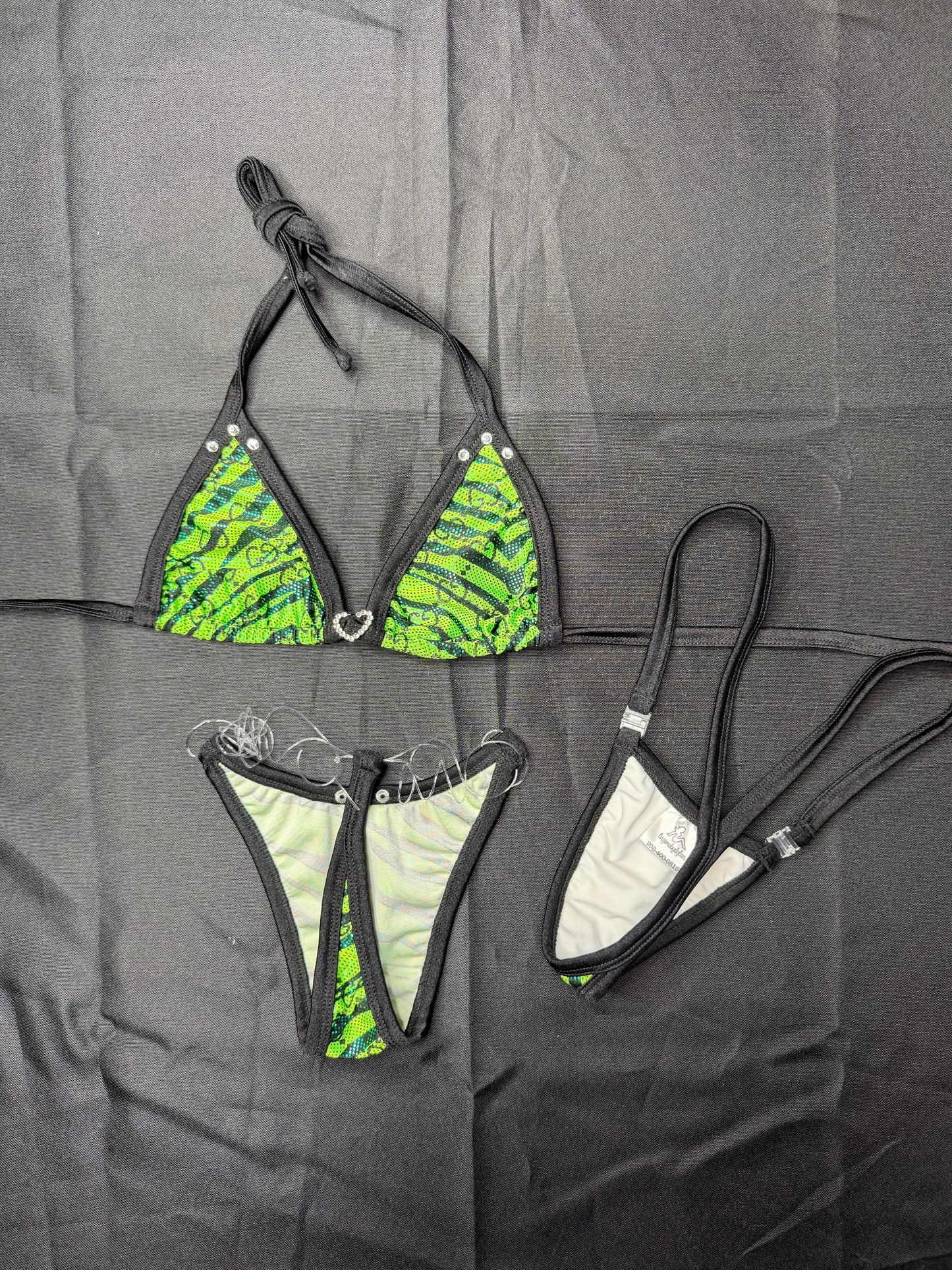 Green Tiger Stripe Animal Print Spandex Designer Two-Piece Lingerie Outfit
