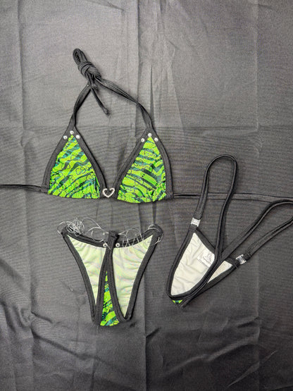 Green Tiger Stripe Animal Print Spandex Designer Two-Piece Lingerie Outfit