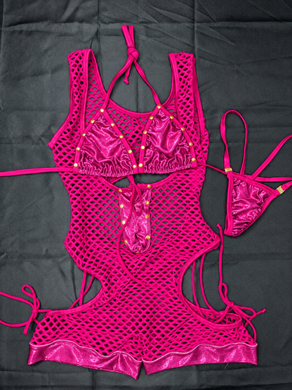 Fuchsia Net & Mystique Berry/Fuchsia Romper Lingerie Outfit
