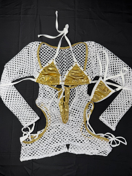 White/Gold Spandex Romper Lingerie Outfit