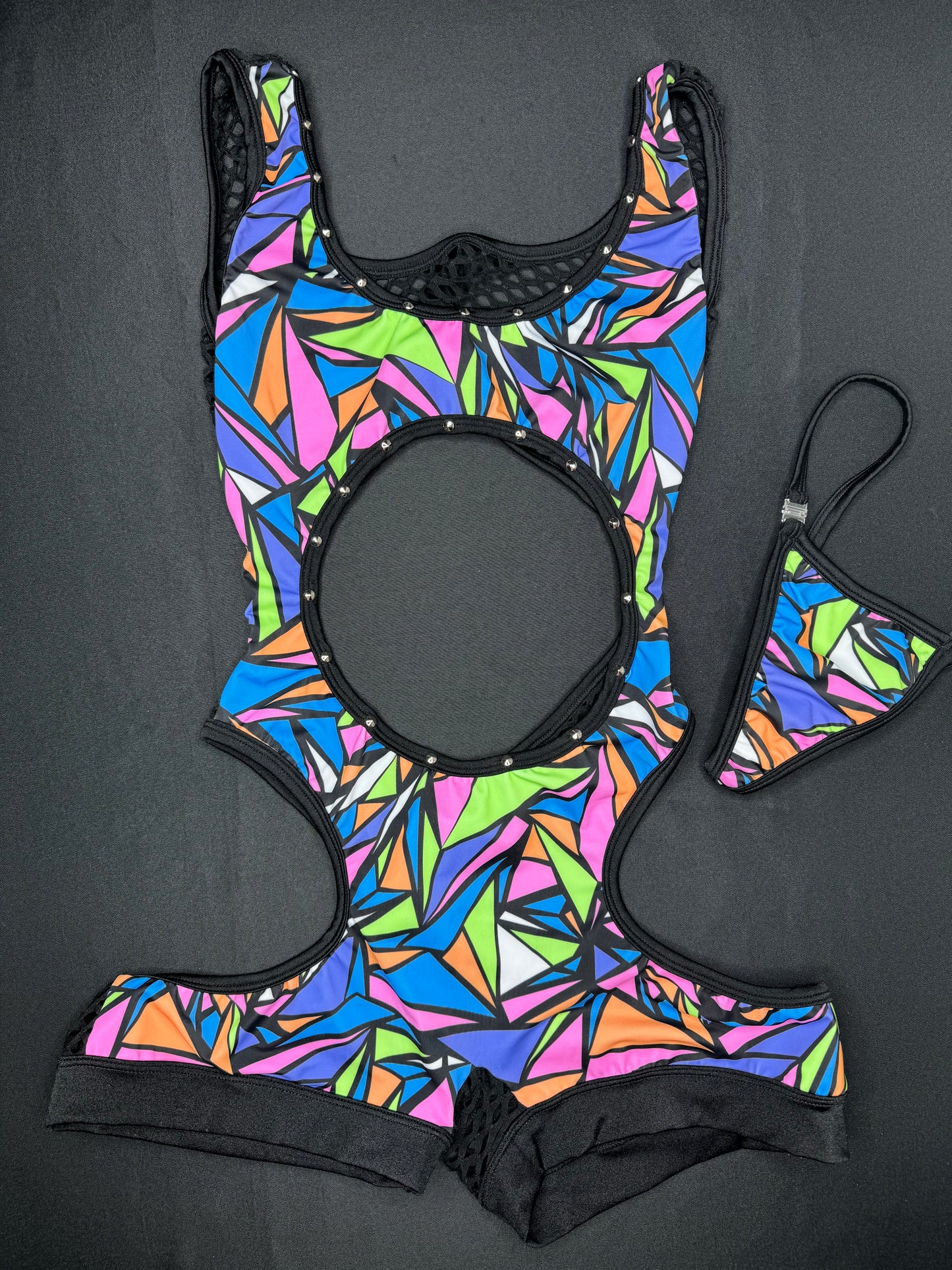 Abstract Multi Color/Black Fishnet Sleeveless Lingerie Romper