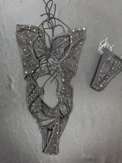 Black Sparkle Mesh One-Piece Lingerie Outfit
