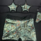 Holographic Money Print Two-Piece Star Bikini Top/Black Fishnet Shorts Lingerie Outfit