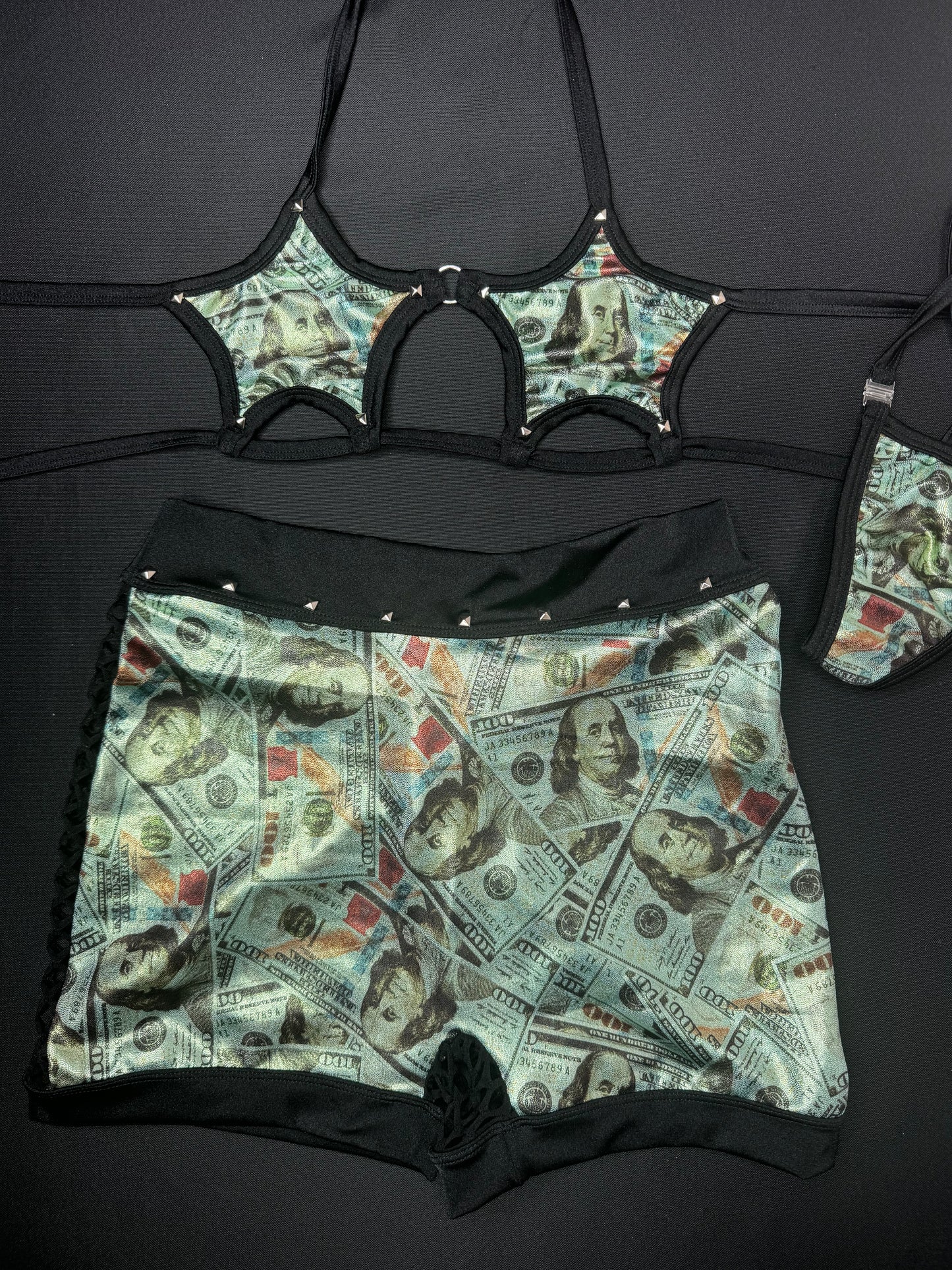Holographic Money Print Two-Piece Star Bikini Top/Black Fishnet Shorts Lingerie Outfit