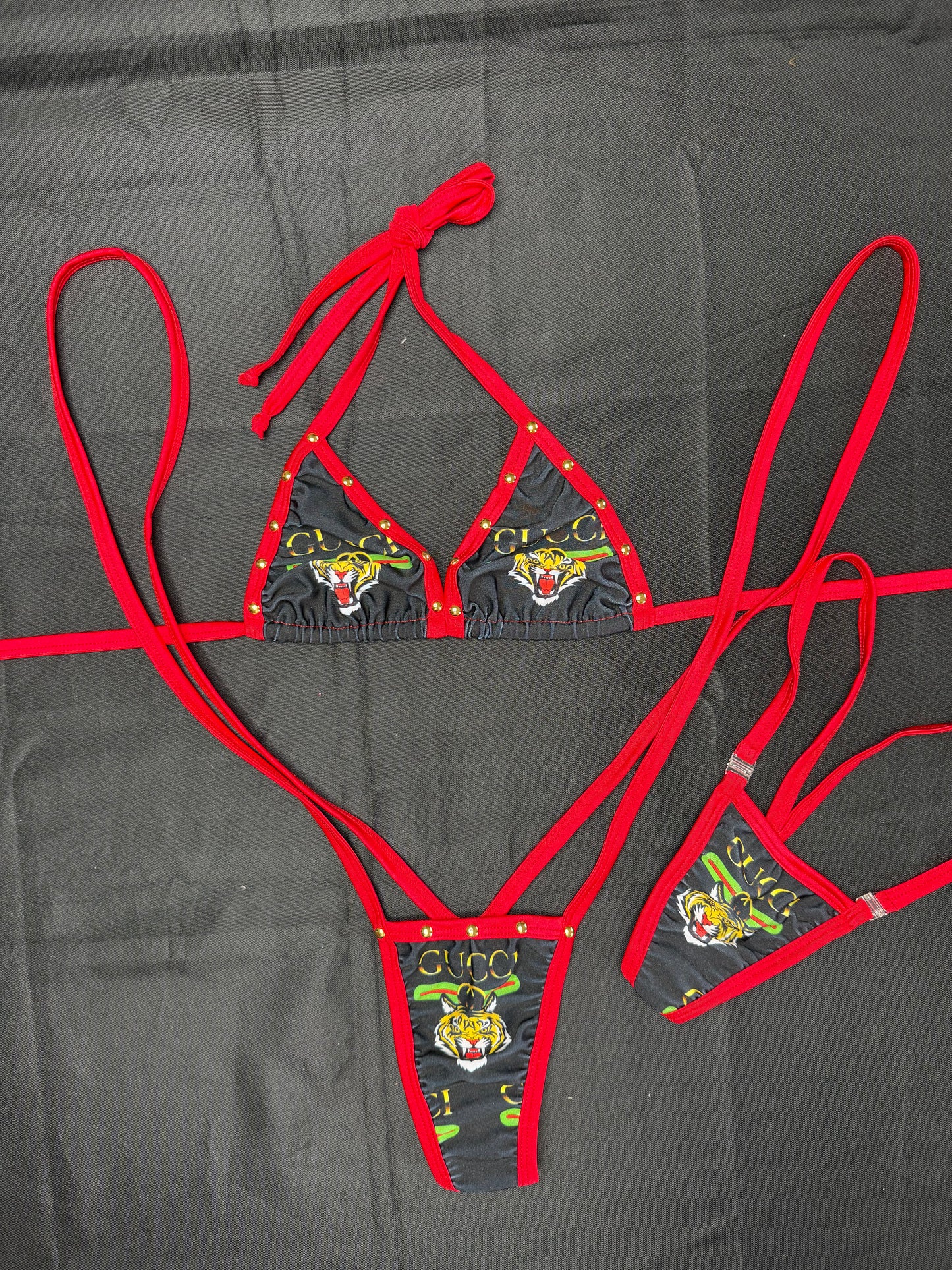 Designer Black/Red Spandex Two-Piece Sling-Shot Lingerie Outfit