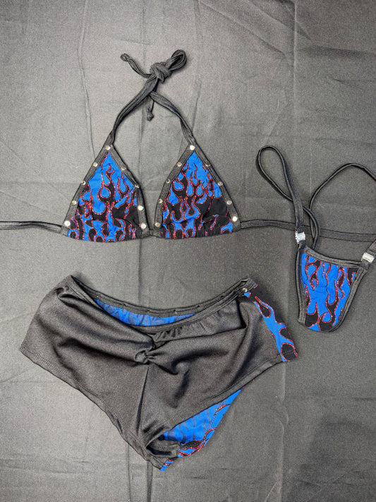 Blue Flame Mesh Bikini Top/Shorts Two-Piece Lingerie Outfit