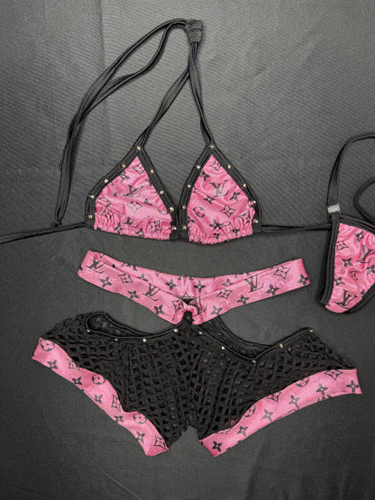 Holographic Pink/Black Fishnet Spandex Two-Piece Lingerie Outfit