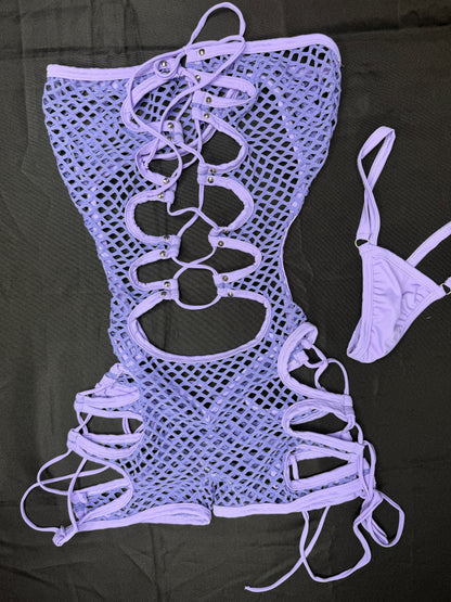 Lavender Spandex Fishnet One-Piece Lingerie Outfit