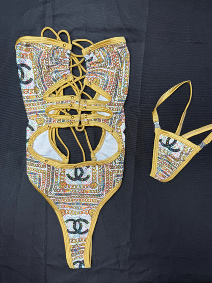 Designer Gold trim One-Piece Lingerie Outfit