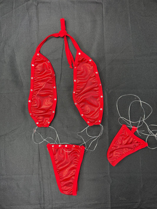 Metallic Red/Red Spandex/Silicone One-Piece Bikini Lingerie Outfit
