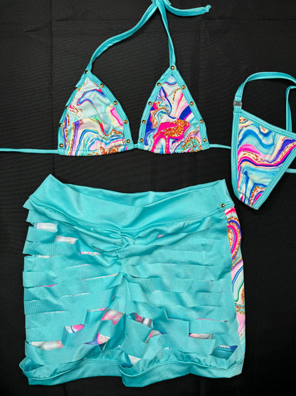 Mint Glitter Bomb Two-Piece Ripped Back Exotic Dancer Outfit