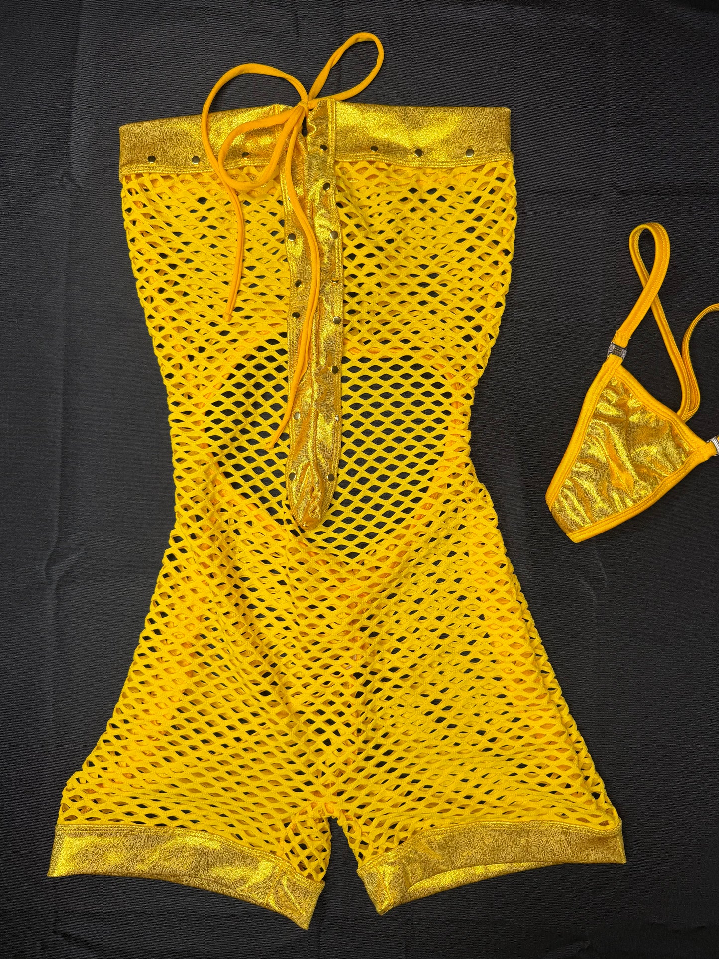 Daffodil Yellow Fishnet/Metallic Yellow Spandex One-Piece Lingerie Outfit