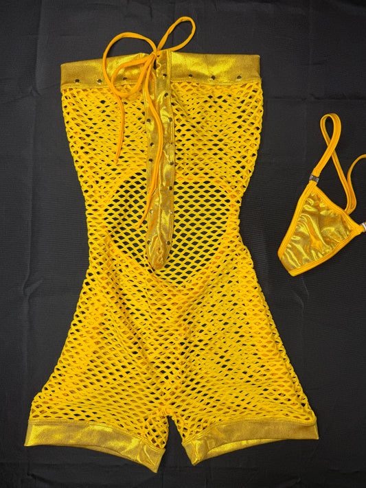 Daffodil Yellow Fishnet/Metallic Yellow Spandex One-Piece Lingerie Outfit
